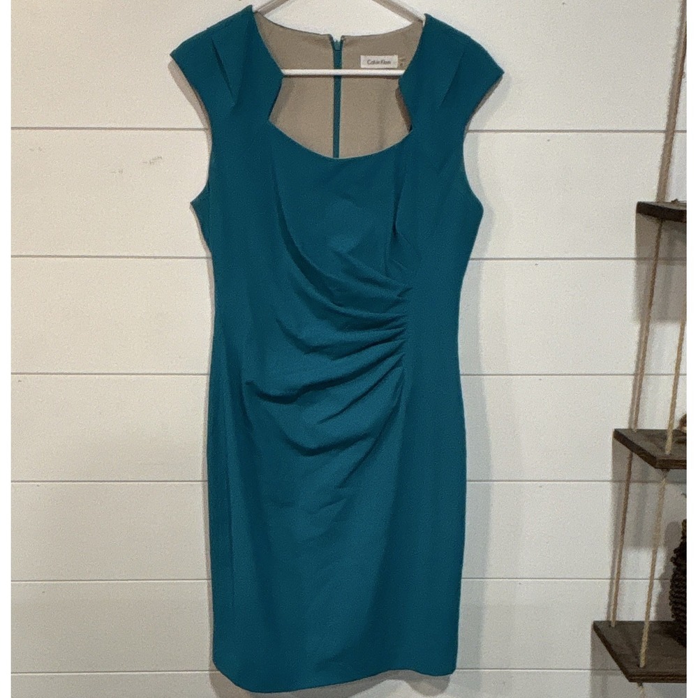 Calvin Klein Teal Solid Knit Sheath Dress Ruched Lined Stretch Zip 10